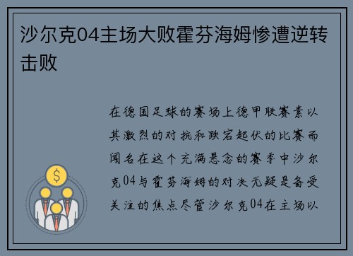 沙尔克04主场大败霍芬海姆惨遭逆转击败