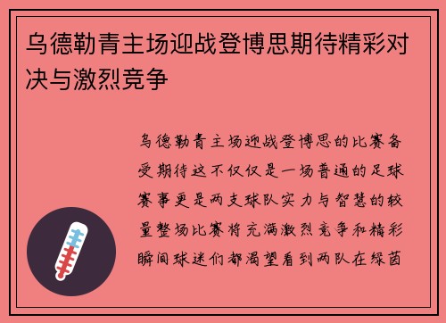 乌德勒青主场迎战登博思期待精彩对决与激烈竞争