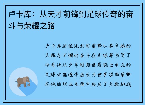 卢卡库：从天才前锋到足球传奇的奋斗与荣耀之路