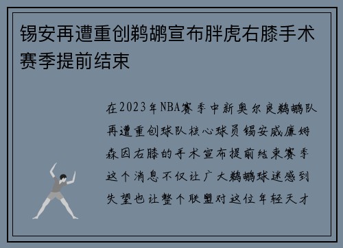 锡安再遭重创鹈鹕宣布胖虎右膝手术赛季提前结束