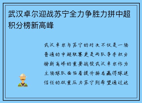 武汉卓尔迎战苏宁全力争胜力拼中超积分榜新高峰