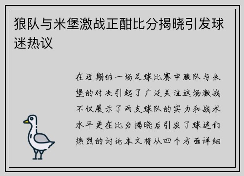 狼队与米堡激战正酣比分揭晓引发球迷热议