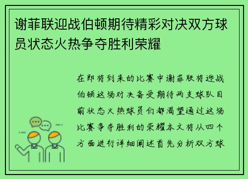 谢菲联迎战伯顿期待精彩对决双方球员状态火热争夺胜利荣耀