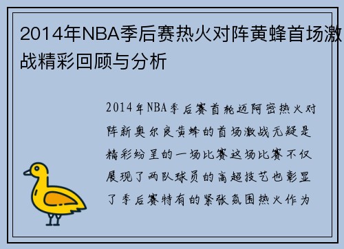 2014年NBA季后赛热火对阵黄蜂首场激战精彩回顾与分析