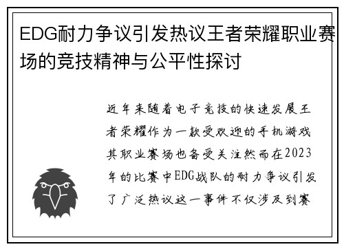 EDG耐力争议引发热议王者荣耀职业赛场的竞技精神与公平性探讨