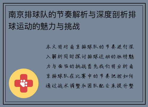 南京排球队的节奏解析与深度剖析排球运动的魅力与挑战