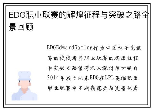 EDG职业联赛的辉煌征程与突破之路全景回顾